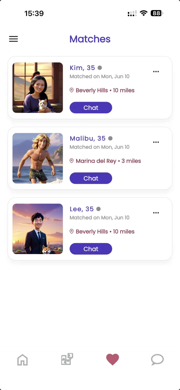 The InTimid Matches screen: three matches, each shown as their avatar, with a Chat button
