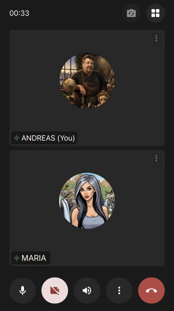 An InTimid in-app call: both members shown as their avatars, no phone number shared